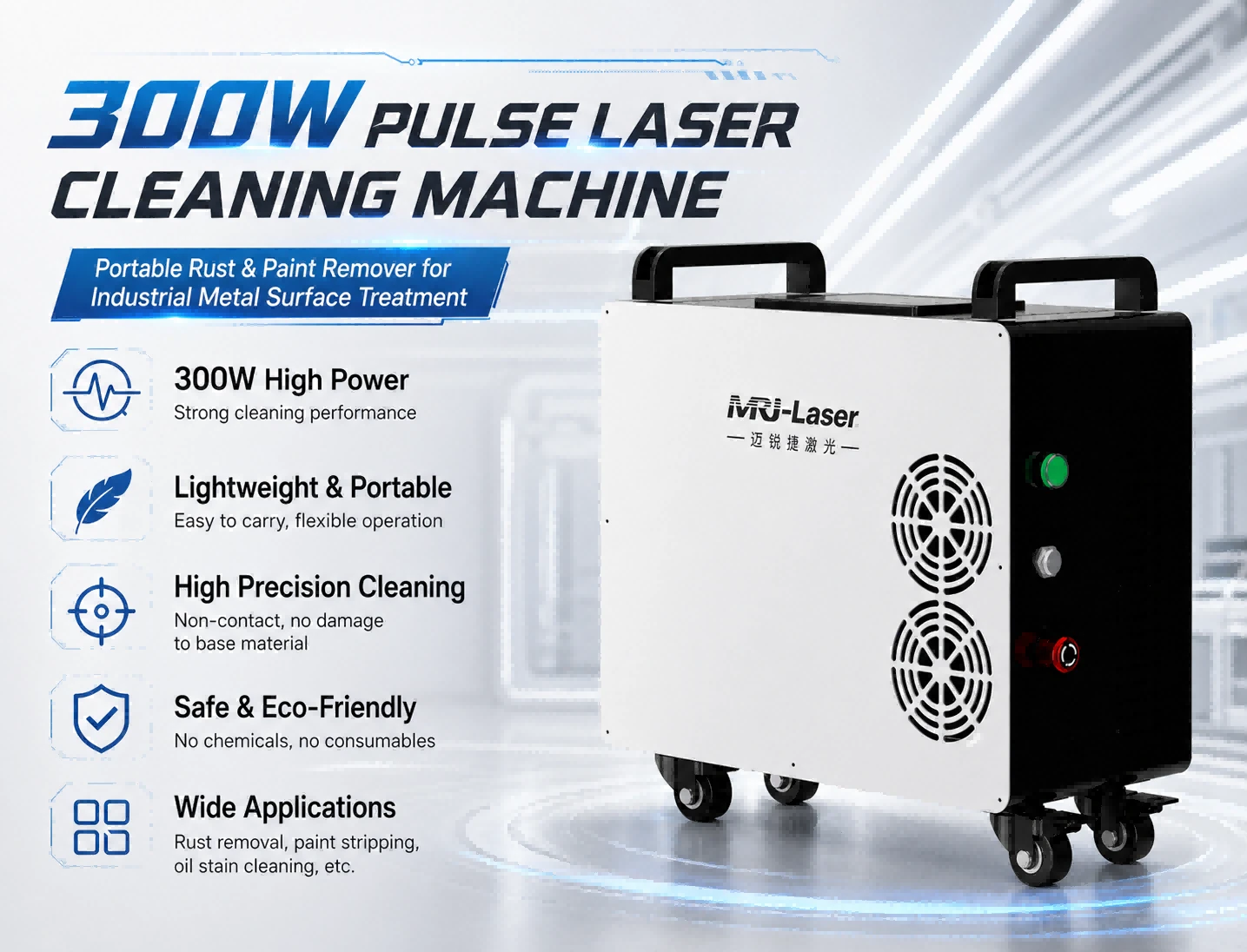 Peiriant Glanhau Laser Pwls Llaw 300W|Symudwr rhwd a phaent cludadwy ar gyfer triniaeth arwyneb metel diwydiannol